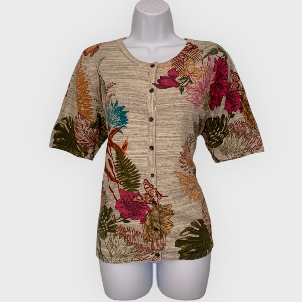 Button Up Cardigan Short Sleeve 100% Cotton Size Large Floral Butterfly Sweater